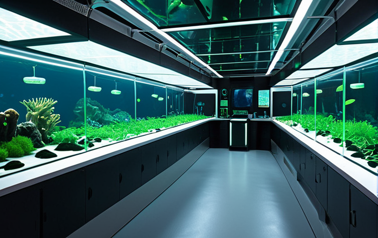 **
>Luminous underwater research lab interior, showcasing advanced hydroponics, algae farms, and water purification systems. Transparent walls reveal deep-sea bioluminescent life, creating a harmonious blend of technology and nature. Focus on sustainable resource utilization and a hopeful, futuristic aesthetic.
**