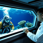 A team of two professional marine engineers, fully clothed in advanced, modest deep-sea research suits, meticulously examining a holographic display of a pressure-resistant structural design. They are inside a spacious, high-tech underwater habitat module, with large, clear reinforced viewing windows showcasing a vibrant, non-threatening deep-sea coral reef and gentle marine life outside. The interior features advanced closed-loop life support systems, sleek control panels, and durable, appropriate materials. Perfect anatomy, correct proportions, natural pose, well-formed hands, proper finger count, natural body proportions, professional photography, high quality, safe for work, appropriate content, fully clothed, professional.