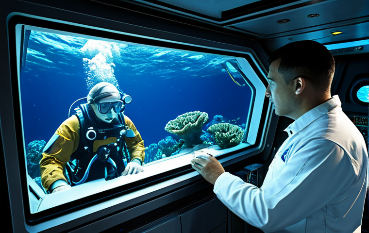 A team of two professional marine engineers, fully clothed in advanced, modest deep-sea research suits, meticulously examining a holographic display of a pressure-resistant structural design. They are inside a spacious, high-tech underwater habitat module, with large, clear reinforced viewing windows showcasing a vibrant, non-threatening deep-sea coral reef and gentle marine life outside. The interior features advanced closed-loop life support systems, sleek control panels, and durable, appropriate materials. Perfect anatomy, correct proportions, natural pose, well-formed hands, proper finger count, natural body proportions, professional photography, high quality, safe for work, appropriate content, fully clothed, professional.