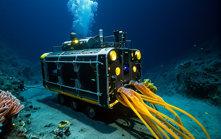 Deep Sea Exploration Vehicle**

"A remotely operated vehicle (ROV) exploring a vibrant, undiscovered deep sea hydrothermal vent. The ROV is equipped with lights illuminating colorful tube worms, strange fish, and unique geological formations. Dark, mysterious water surrounds the scene. Professional photography, perfect anatomy, correct proportions, well-formed details, safe for work, appropriate content, fully clothed, professional."

**